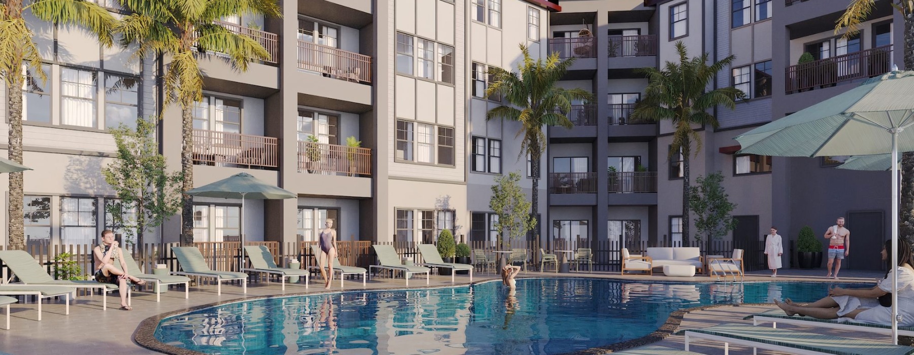 resort style pool with seating and a building behind