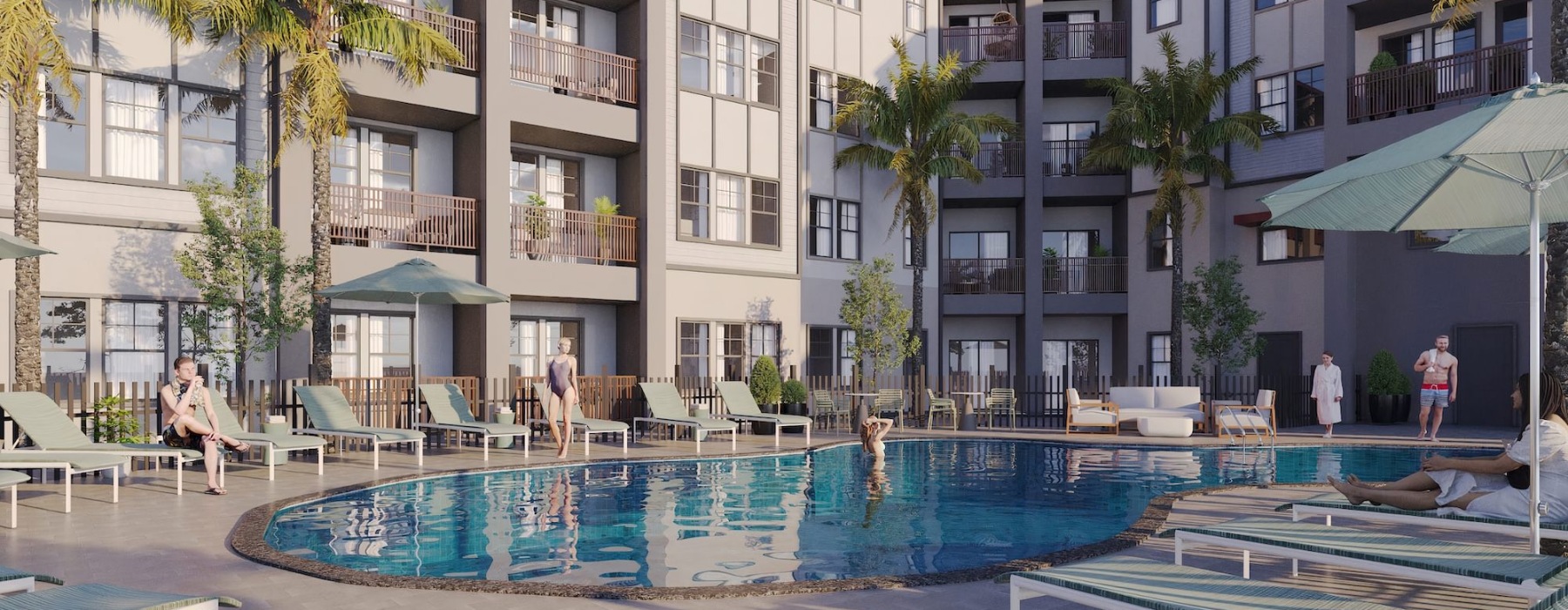 resort style pool with seating and a building behind