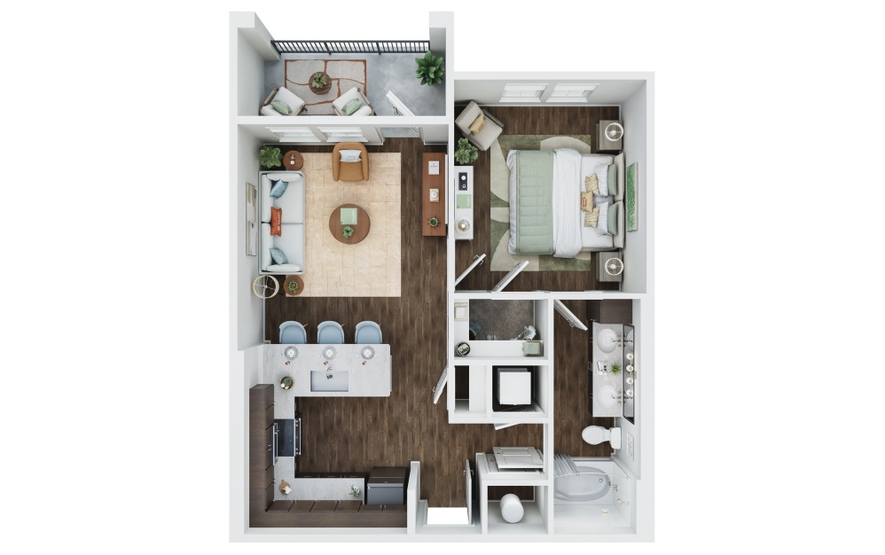 The Solis - 1 bedroom floorplan layout with 1 bathroom and 769 square feet (3D)