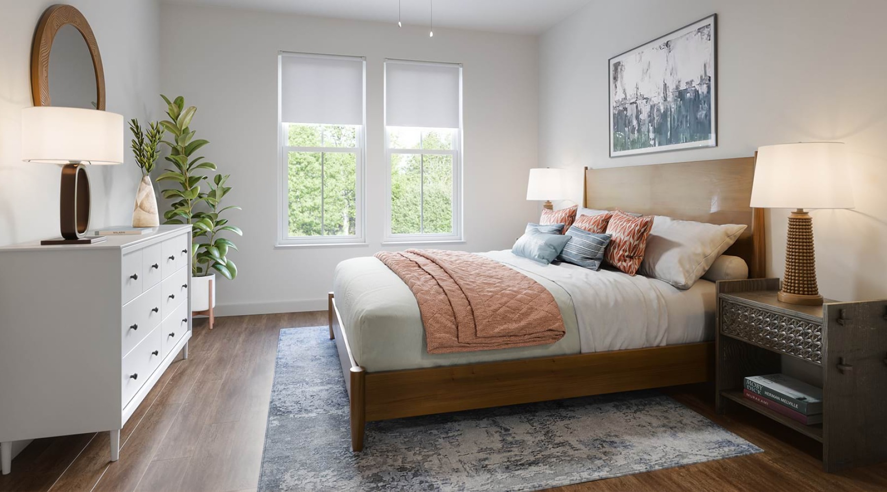 Bedroom with natural lighting and high ceilings