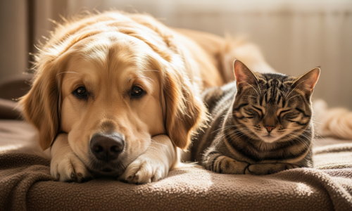 A golden retriever dog resting its chin on its paws next to a sleeping tabby cat on a brown blanket, inside a pet-friendly apartment at Solaris in Kissimmee, Florida.